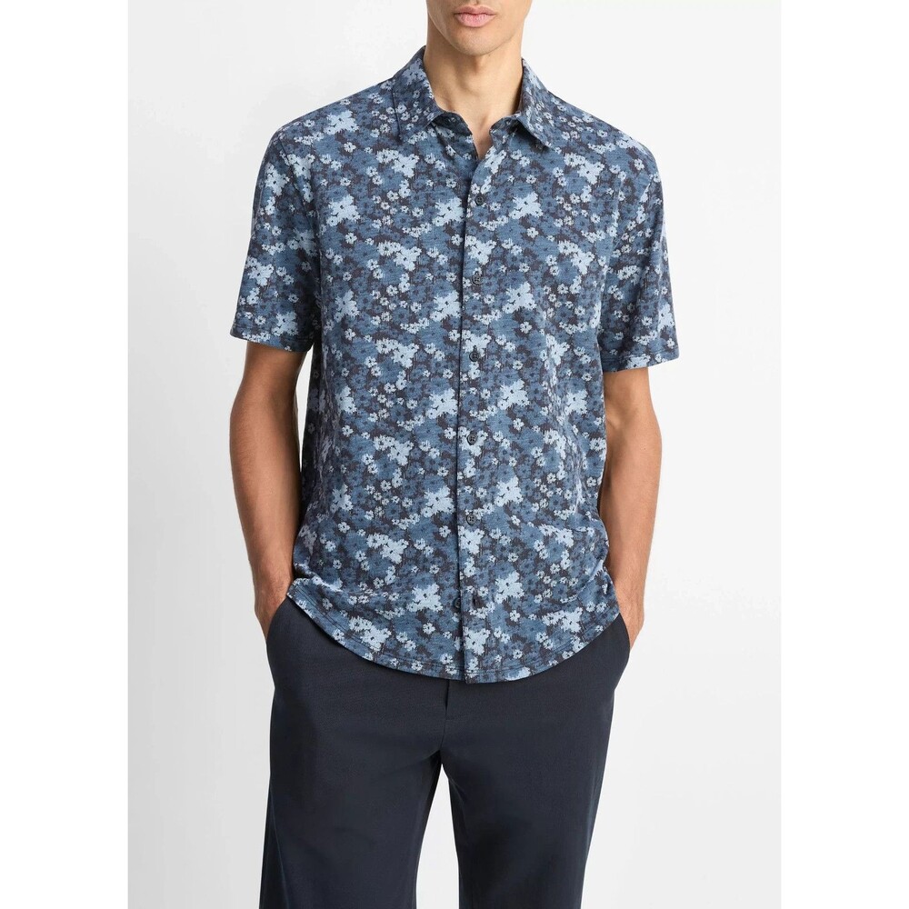 VINCE Button Shirt Mens XL Blue Floral Short Sleeve 100% Cotton Slub $198